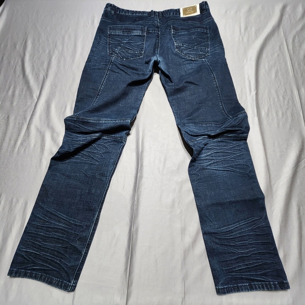 Massari Denim Mens Dark Wash Biker Moto Jeans Buckle Zipper Details Blue 36 x 32
